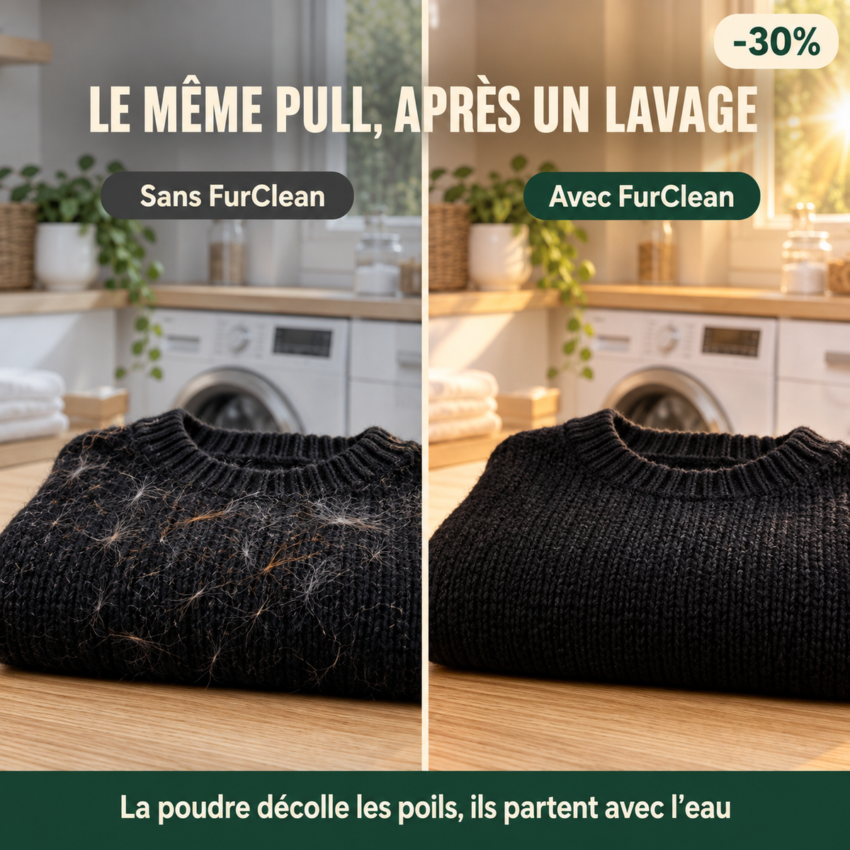 Le même pull noir avant et après un lavage avec FurClean