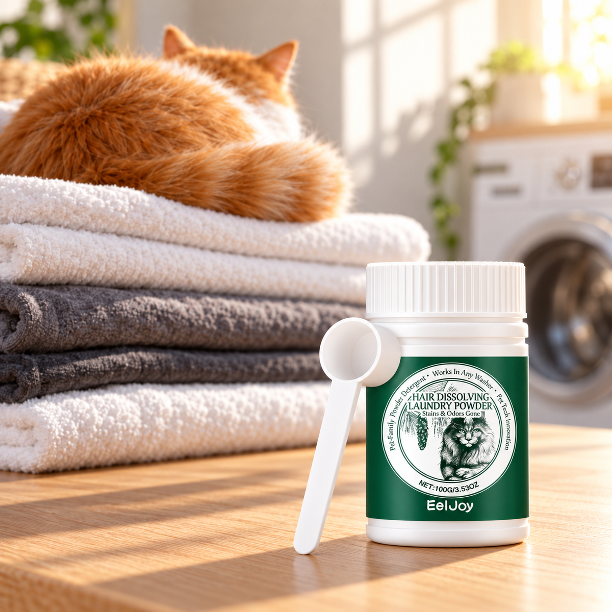 Chat roux endormi sur une pile de linge propre, à côté du pot FurClean