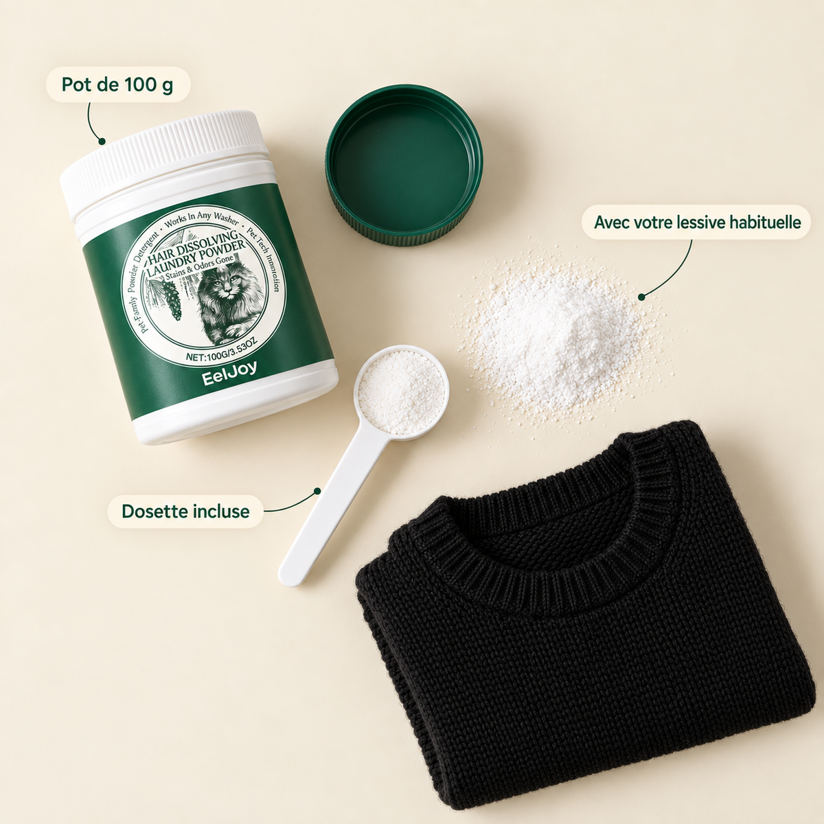 Pot FurClean, dosette et pull noir propre, vue du dessus
