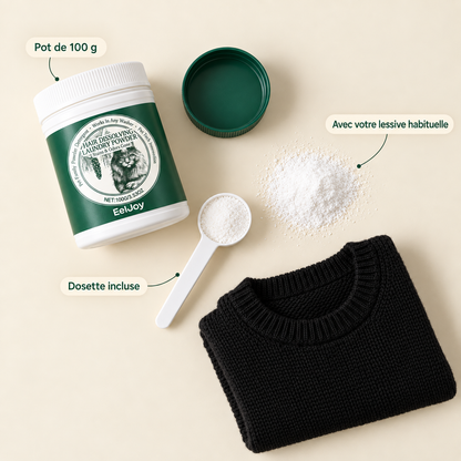 Pot FurClean, dosette et pull noir propre, vue du dessus